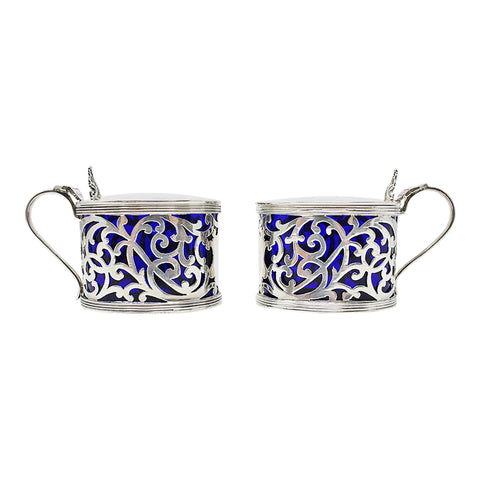 1904 - 1905 Antique Edwardian Era Pair Sterling Silver Mustard pots with pierced sides Silversmith Martin, Hall & Co (Richard Martin & Ebenezer Hall) and Marples & Co Birmingham Hallmarks