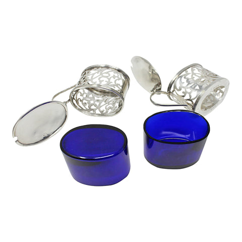 1904 - 1905 Antique Edwardian Era Pair Sterling Silver Mustard pots with pierced sides Silversmith Martin, Hall & Co (Richard Martin & Ebenezer Hall) and Marples & Co Birmingham Hallmarks