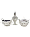 1904 Antique Edwardian Era Cruet Set Sterling Silver Mustard Pot, Salt Pot with Blue Glass Liners / Spoons and Pepper Shaker Silversmiths E J Partridge Birmingham Hallmarks