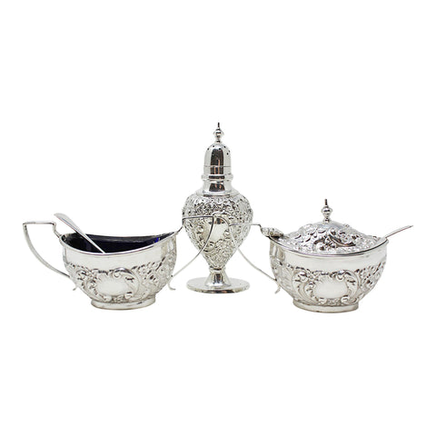1904 Antique Edwardian Era Cruet Set Sterling Silver Mustard Pot, Salt Pot with Blue Glass Liners / Spoons and Pepper Shaker Silversmiths E J Partridge Birmingham Hallmarks