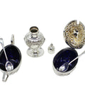 1904 Antique Edwardian Era Cruet Set Sterling Silver Mustard Pot, Salt Pot with Blue Glass Liners / Spoons and Pepper Shaker Silversmiths E J Partridge Birmingham Hallmarks