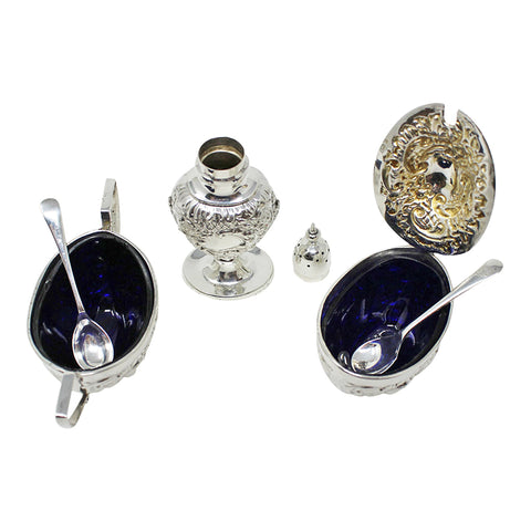 1904 Antique Edwardian Era Cruet Set Sterling Silver Mustard Pot, Salt Pot with Blue Glass Liners / Spoons and Pepper Shaker Silversmiths E J Partridge Birmingham Hallmarks