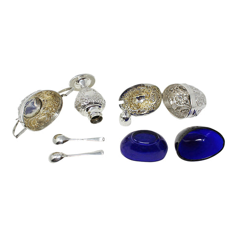 1904 Antique Edwardian Era Cruet Set Sterling Silver Mustard Pot, Salt Pot with Blue Glass Liners / Spoons and Pepper Shaker Silversmiths E J Partridge Birmingham Hallmarks