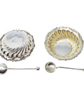 1904 Antique Edwardian Era Set 2 Sterling Silver Salt Cellars and 2 Spoons with original Case Maker Mark William Devenport Birmingham Hallmarks
