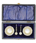 1904 Antique Edwardian Era Set 2 Sterling Silver Salt Cellars and 2 Spoons with original Case Maker Mark William Devenport Birmingham Hallmarks