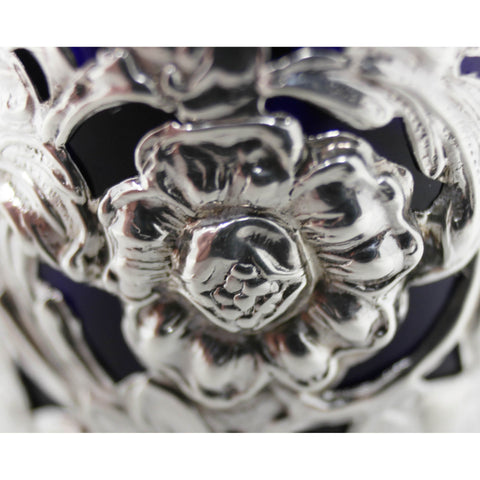 1904 Antique Edwardian Era Sterling Silver Pierced Mustard Pot with Blue Glass Liner Silversmiths W I Broadway & Co Birmingham Hallmarks