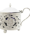 1904 Antique Edwardian Era Sterling Silver Pierced Mustard Pot with Blue Glass Liner Silversmiths W I Broadway & Co Birmingham Hallmarks