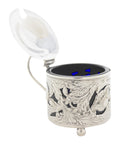 1904 Antique Edwardian Era Sterling Silver Pierced Mustard Pot with Blue Glass Liner Silversmiths W I Broadway & Co Birmingham Hallmarks