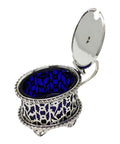 1904 Antique Edwardian Era Sterling Silver Pierced Mustard Pot with Blue Glass Liner Silversmiths Walker & Hall Sheffield Hallmarks