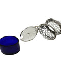 1904 Antique Edwardian Era Sterling Silver Pierced Mustard Pot with Blue Glass Liner Silversmiths Walker & Hall Sheffield Hallmarks