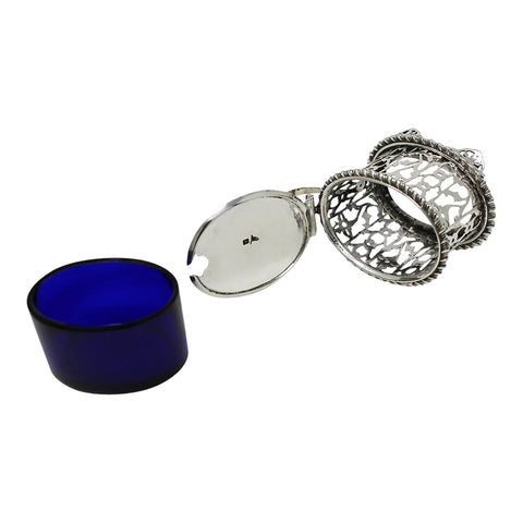 1904 Antique Edwardian Era Sterling Silver Pierced Mustard Pot with Blue Glass Liner Silversmiths Walker & Hall Sheffield Hallmarks