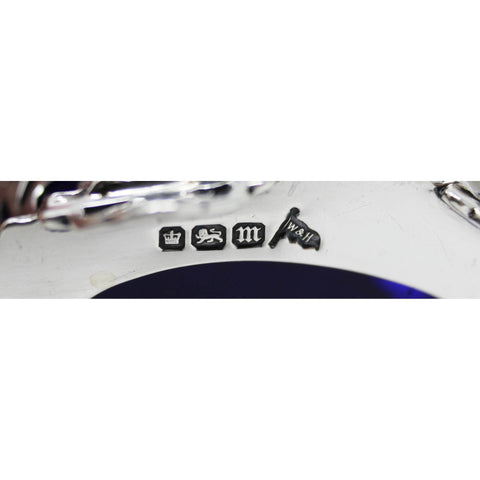 1904 Antique Edwardian Era Sterling Silver Pierced Mustard Pot with Blue Glass Liner Silversmiths Walker & Hall Sheffield Hallmarks