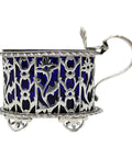 1904 Antique Edwardian Era Sterling Silver Pierced Mustard Pot with Blue Glass Liner Silversmiths Walker & Hall Sheffield Hallmarks