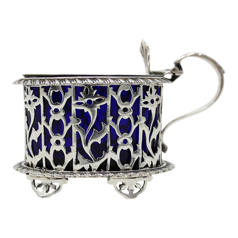 1904 Antique Edwardian Era Sterling Silver Pierced Mustard Pot with Blue Glass Liner Silversmiths Walker & Hall Sheffield Hallmarks