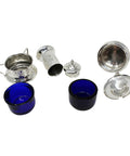 1905 – 1908 Antique Edwardian Era Cruet Set Sterling Silver Mustard Pot, Salt Pot with Blue Glass Liners and Pepper Shaker Silversmiths Jones & Crompton Birmingham Hallmarks