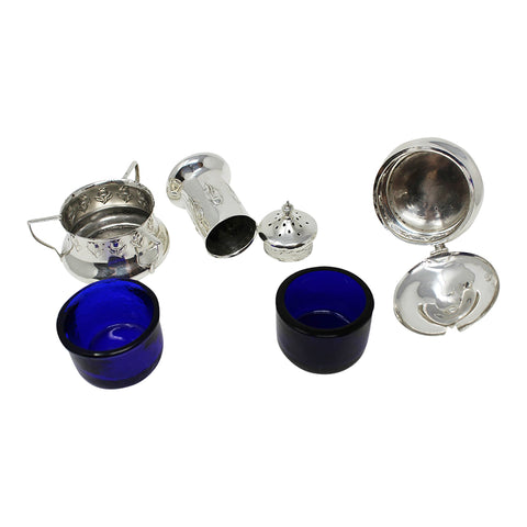 1905 – 1908 Antique Edwardian Era Cruet Set Sterling Silver Mustard Pot, Salt Pot with Blue Glass Liners and Pepper Shaker Silversmiths Jones & Crompton Birmingham Hallmarks