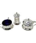 1905 – 1908 Antique Edwardian Era Cruet Set Sterling Silver Mustard Pot, Salt Pot with Blue Glass Liners and Pepper Shaker Silversmiths Jones & Crompton Birmingham Hallmarks