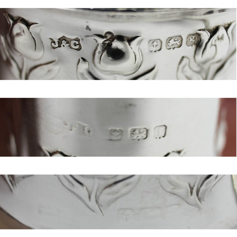 1905 – 1908 Antique Edwardian Era Cruet Set Sterling Silver Mustard Pot, Salt Pot with Blue Glass Liners and Pepper Shaker Silversmiths Jones & Crompton Birmingham Hallmarks