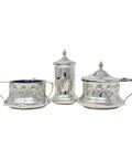 1905 – 1908 Antique Edwardian Era Cruet Set Sterling Silver Mustard Pot, Salt Pot with Blue Glass Liners and Pepper Shaker Silversmiths Jones & Crompton Birmingham Hallmarks