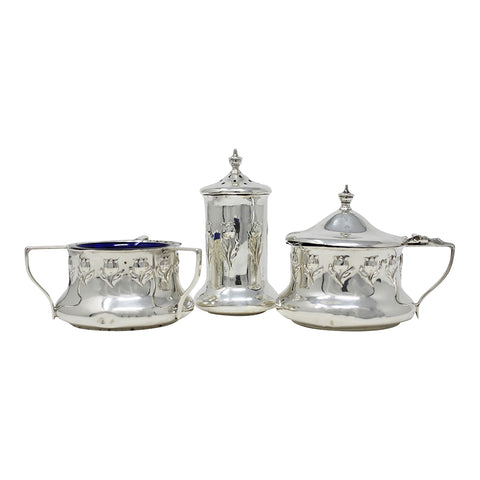 1905 – 1908 Antique Edwardian Era Cruet Set Sterling Silver Mustard Pot, Salt Pot with Blue Glass Liners and Pepper Shaker Silversmiths Jones & Crompton Birmingham Hallmarks