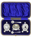 1905 Antique Edwardian Era Egg Shaped Cruet Set Sterling Silver Mustard Pot, Salt Pot with Spoons and Pepper Shaker with Original Case Silversmiths John Round & Son Ltd (Joseph Ridge) Sheffield Hallmarks