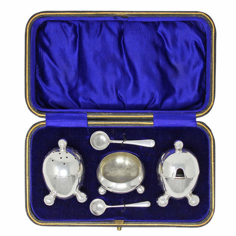 1905 Antique Edwardian Era Egg Shaped Cruet Set Sterling Silver Mustard Pot, Salt Pot with Spoons and Pepper Shaker with Original Case Silversmiths John Round & Son Ltd (Joseph Ridge) Sheffield Hallmarks
