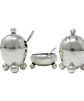 1905 Antique Edwardian Era Egg Shaped Cruet Set Sterling Silver Mustard Pot, Salt Pot with Spoons and Pepper Shaker with Original Case Silversmiths John Round & Son Ltd (Joseph Ridge) Sheffield Hallmarks