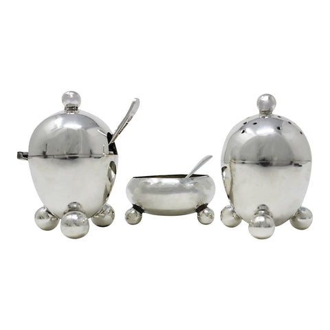 1905 Antique Edwardian Era Egg Shaped Cruet Set Sterling Silver Mustard Pot, Salt Pot with Spoons and Pepper Shaker with Original Case Silversmiths John Round & Son Ltd (Joseph Ridge) Sheffield Hallmarks