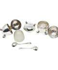 1905 Antique Edwardian Era Egg Shaped Cruet Set Sterling Silver Mustard Pot, Salt Pot with Spoons and Pepper Shaker with Original Case Silversmiths John Round & Son Ltd (Joseph Ridge) Sheffield Hallmarks