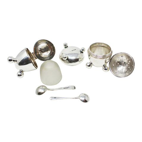 1905 Antique Edwardian Era Egg Shaped Cruet Set Sterling Silver Mustard Pot, Salt Pot with Spoons and Pepper Shaker with Original Case Silversmiths John Round & Son Ltd (Joseph Ridge) Sheffield Hallmarks