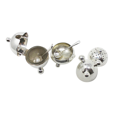 1905 Antique Edwardian Era Egg Shaped Cruet Set Sterling Silver Mustard Pot, Salt Pot with Spoons and Pepper Shaker with Original Case Silversmiths John Round & Son Ltd (Joseph Ridge) Sheffield Hallmarks