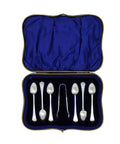 1905 Antique Edwardian Era Set Six Sterling Silver Tea Spoons and Sugar Tongs with Original Box Silversmith James Deakin & Sons (John William F Deakin) Sheffield Hallmarks