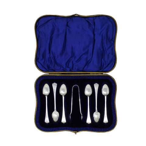 1905 Antique Edwardian Era Set Six Sterling Silver Tea Spoons and Sugar Tongs with Original Box Silversmith James Deakin & Sons (John William F Deakin) Sheffield Hallmarks