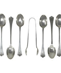 1905 Antique Edwardian Era Set Six Sterling Silver Tea Spoons and Sugar Tongs with Original Box Silversmith James Deakin & Sons (John William F Deakin) Sheffield Hallmarks