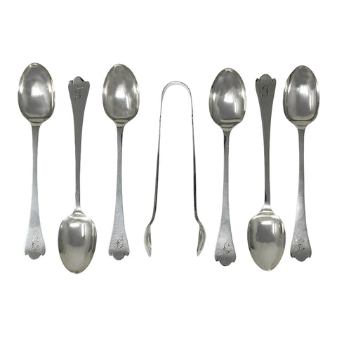 1905 Antique Edwardian Era Set Six Sterling Silver Tea Spoons and Sugar Tongs with Original Box Silversmith James Deakin & Sons (John William F Deakin) Sheffield Hallmarks