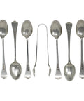 1905 Antique Edwardian Era Set Six Sterling Silver Tea Spoons and Sugar Tongs with Original Box Silversmith James Deakin & Sons (John William F Deakin) Sheffield Hallmarks