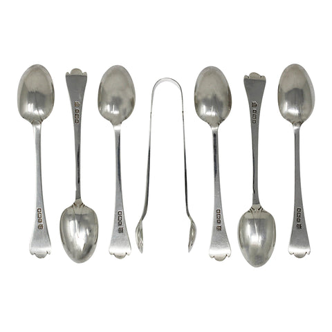 1905 Antique Edwardian Era Set Six Sterling Silver Tea Spoons and Sugar Tongs with Original Box Silversmith James Deakin & Sons (John William F Deakin) Sheffield Hallmarks