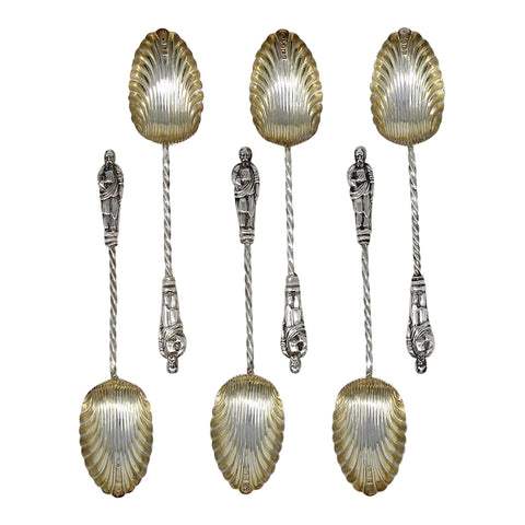 1905 Antique Edwardian Era Sterling Silver Apostle Set Six Tea Spoons with original Case Silversmith William Devenport Birmingham Hallmarks