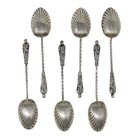 1905 Antique Edwardian Era Sterling Silver Apostle Set Six Tea Spoons with original Case Silversmith William Devenport Birmingham Hallmarks