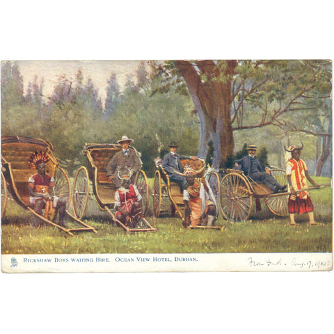 1905 Durban, South Africa Rickshaw Boys Postcard Natal 1904 1d Stamp