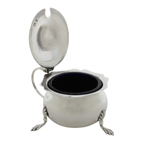 1906 Antique Edwardian Era Sterling Silver Mustard Pot with Blue Glass Liner Silversmiths George Nathan & Ridley Hayes Birmingham Hallmarks