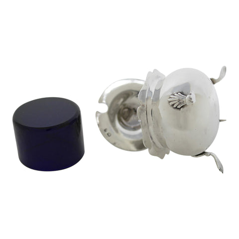 1906 Antique Edwardian Era Sterling Silver Mustard Pot with Blue Glass Liner Silversmiths George Nathan & Ridley Hayes Birmingham Hallmarks