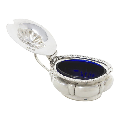 1906 Antique Edwardian Era Sterling Silver Mustard Pot with Blue Glass Liner Silversmiths Levesley Brothers (Thomas Levesley) Sheffield Hallmarks