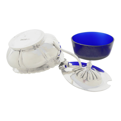 1906 Antique Edwardian Era Sterling Silver Mustard Pot with Blue Glass Liner Silversmiths Levesley Brothers (Thomas Levesley) Sheffield Hallmarks
