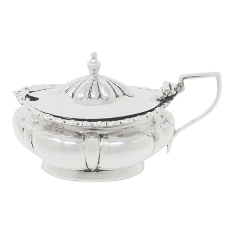 1906 Antique Edwardian Era Sterling Silver Mustard Pot with Blue Glass Liner Silversmiths Levesley Brothers (Thomas Levesley) Sheffield Hallmarks