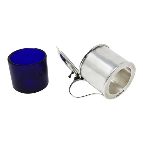 1906 Antique Edwardian Era Sterling Silver Mustard Pot with Blue Glass Liner Silversmiths William Hutton & Sons Ltd Birmingham Hallmarks
