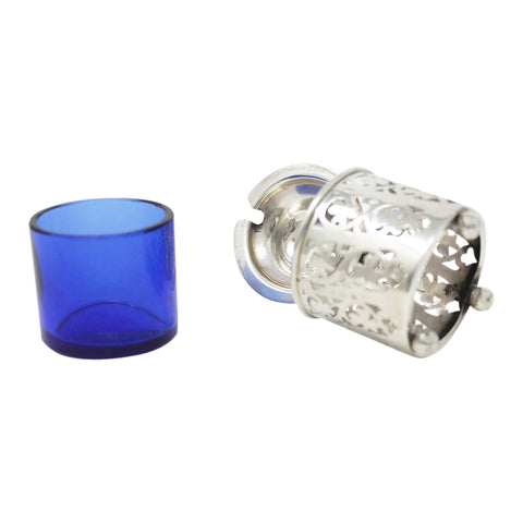 1906 Antique Edwardian Era Sterling Silver Pierced Mustard Pot with Blue Glass Liner Silversmiths Haseler Brothers Birmingham Hallmarks