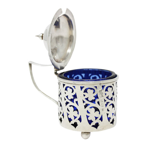 1906 Antique Edwardian Era Sterling Silver Pierced Mustard Pot with Blue Glass Liner Silversmiths Haseler Brothers Birmingham Hallmarks