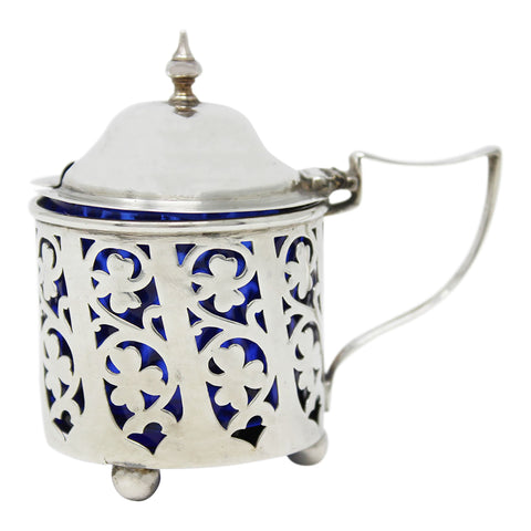1906 Antique Edwardian Era Sterling Silver Pierced Mustard Pot with Blue Glass Liner Silversmiths Haseler Brothers Birmingham Hallmarks