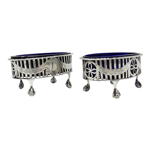1906 Antique Pair Sterling Silver Salt Cellars London Hallmarks Edward VII Era in George III style with pierced and engraved sides